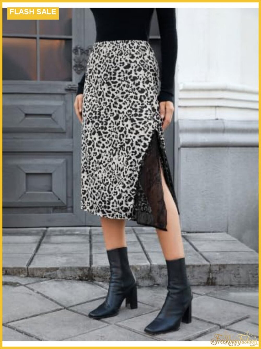 Satin A-Line Midi Skirt with Lace Slit High Waist - Picture 3 of 6